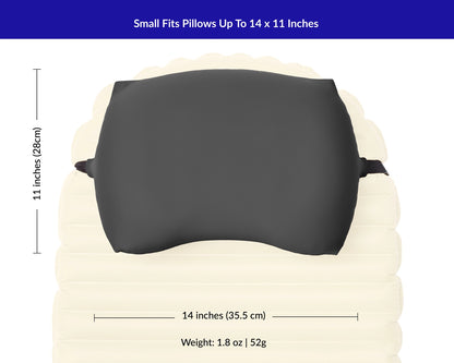 Measurements for maximum camp pillow size for small Pillow Strap is 14 by 11 inches.