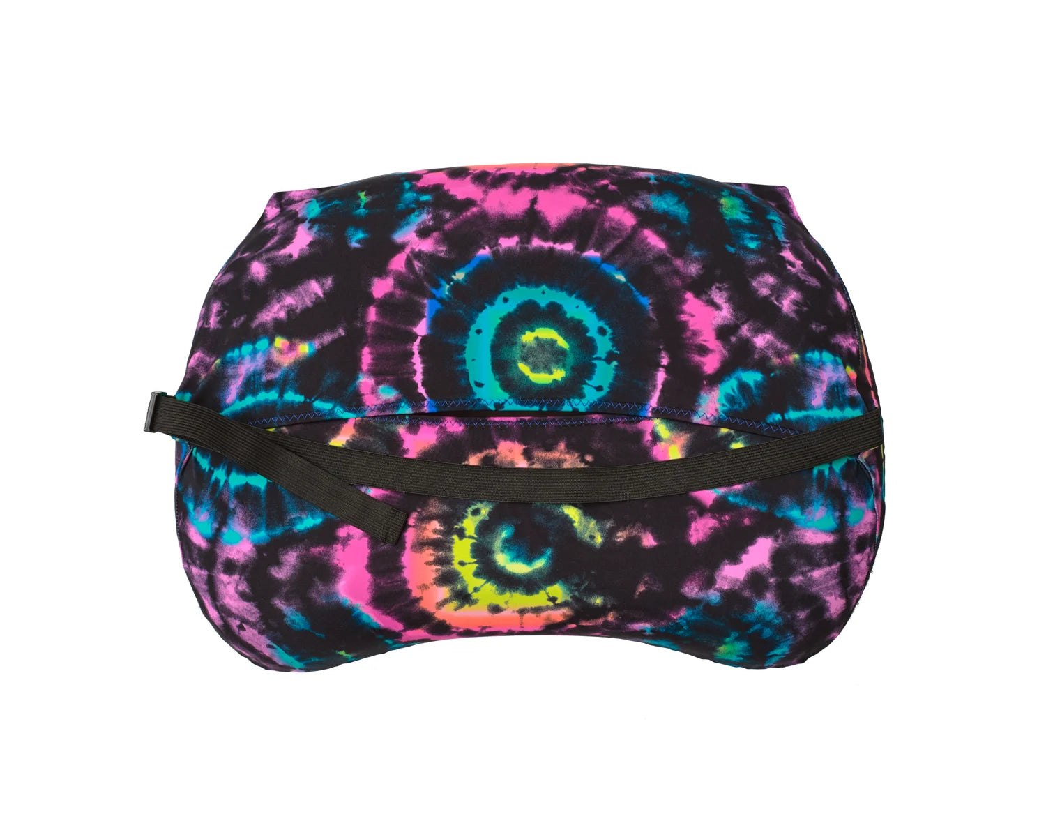 Trifold enclosure and strap of Medium in Tie Dyed Pillow Strap to securely hold camp pillow to sleeping pad.